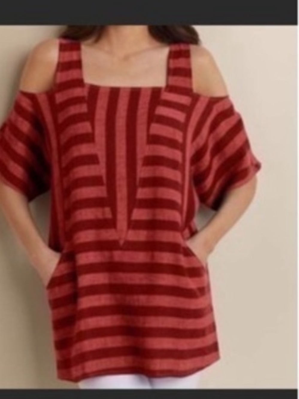 Soft surroundings, cold shoulder, striped linen, blend tunic top